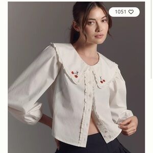 Anthropologie Cream Cherry Embroidered Blouse